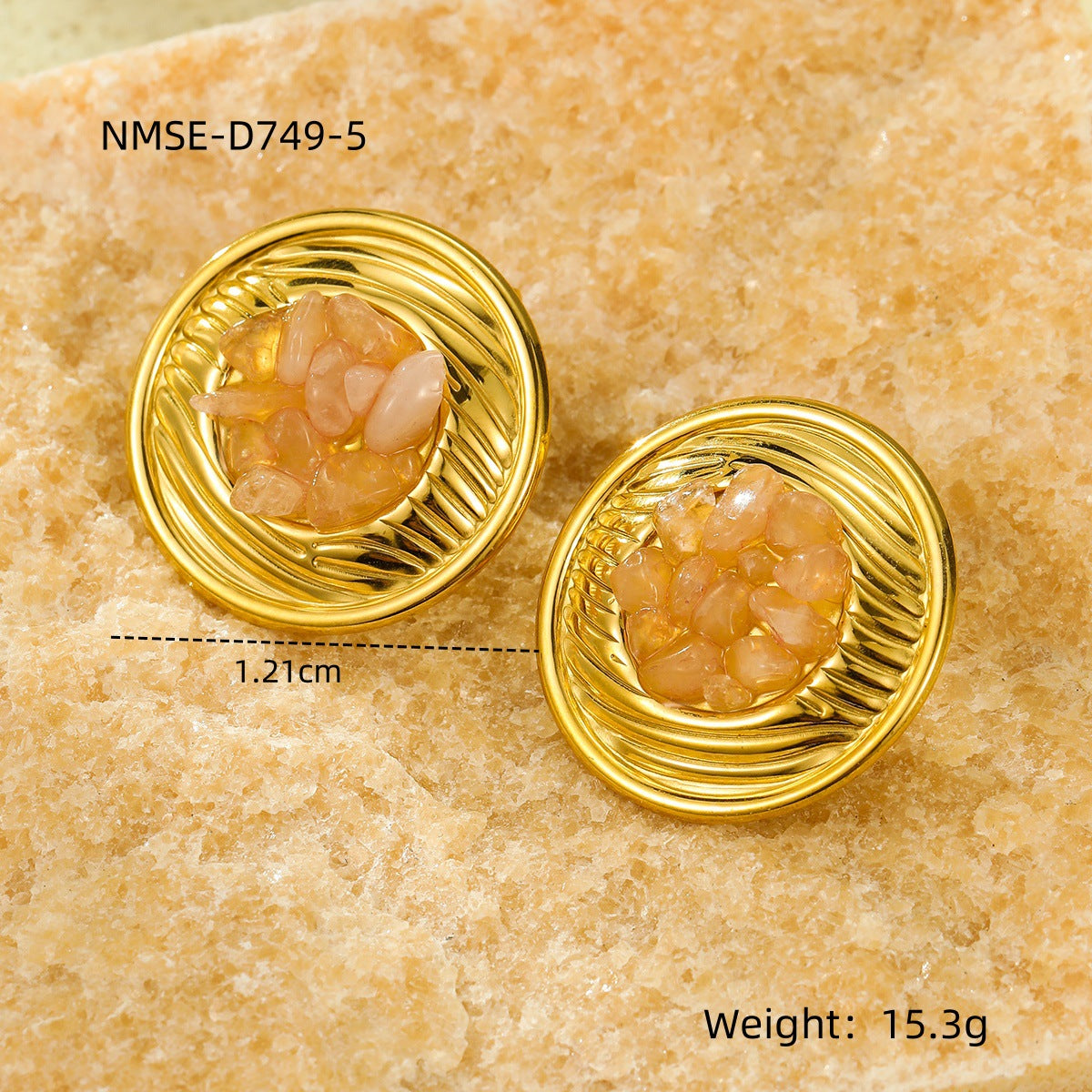 Pendientes de botón minimalistas redondos de acero inoxidable con incrustaciones de piedra natural y acabado chapado