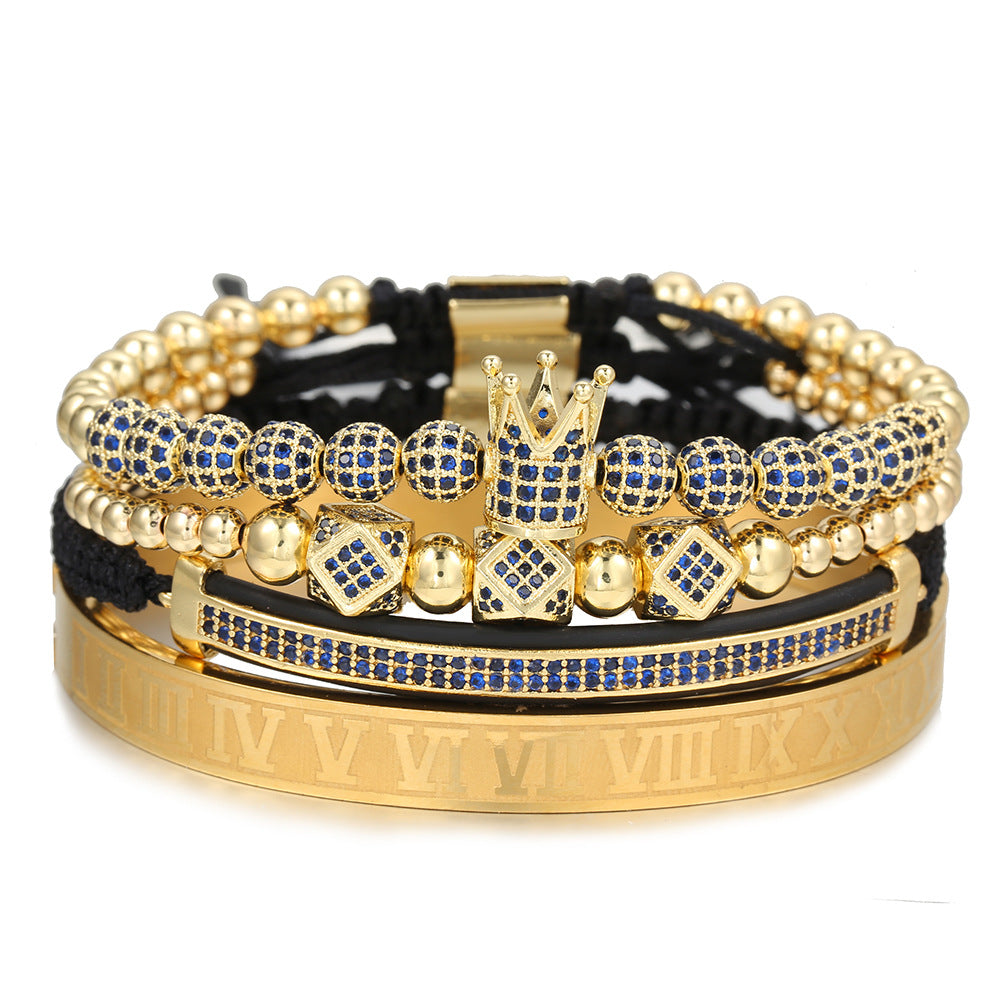 Fashion Unisex Micro-pave Cubic Zirconia Crown Ball Geometric Titanium Steel Bracelet Set