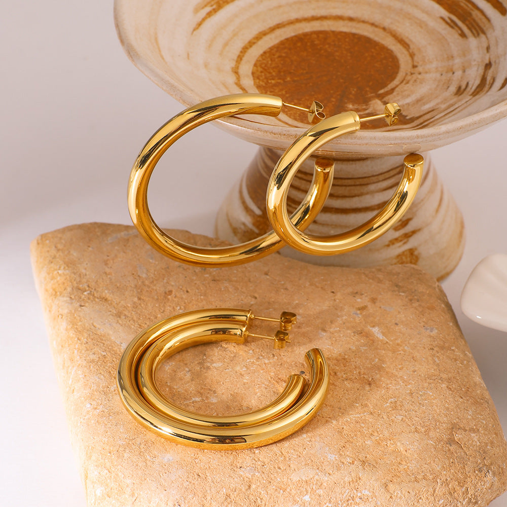 Vintage-Style Geometric Stainless Steel 18K Gold Plated C-Shaped Hoop Earrings for Women
