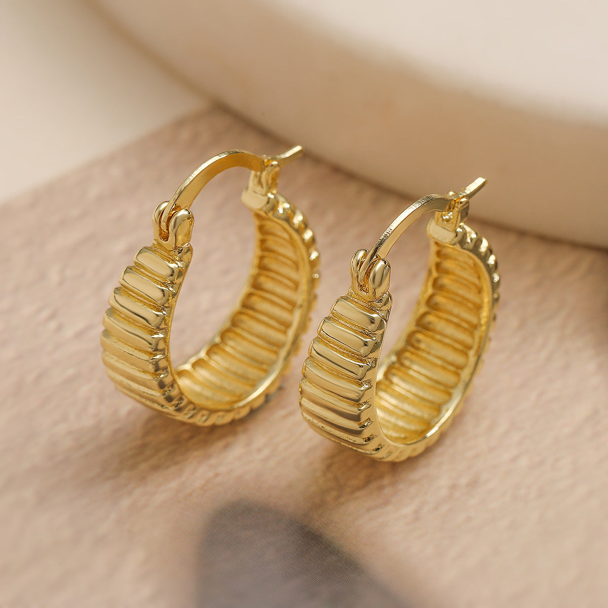 Minimalist Geometric Copper Earrings with Real Gold Plating for Women, Threaded Hoop Style