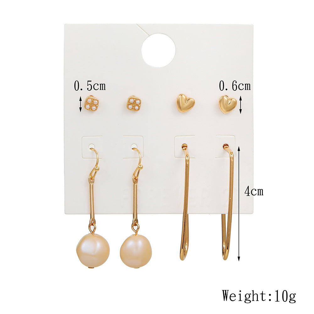 Sweet Rhinestone Inlaid Heart and Round Geometric Pearl Drop Earrings Set
