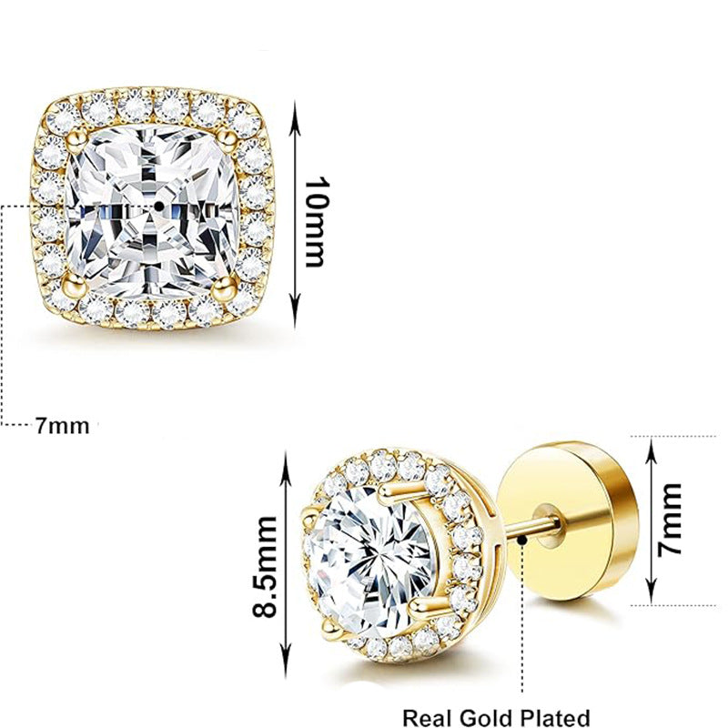Elegant Gold Plated Stainless Steel Geometric Round Oval Cubic Zirconia Stud Earrings for Women