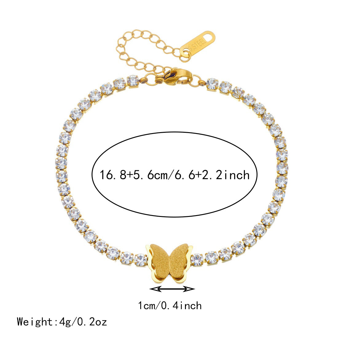 Elegant Minimalist Gold Plated Stainless Steel Butterfly Rhinestone Bracelet for Women