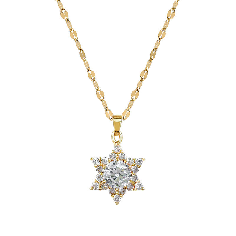 Collana in acciaio al titanio a forma di fiocco di neve in stile cartone animato con zirconi micro-incastonati da donna, delicata catena per clavicola