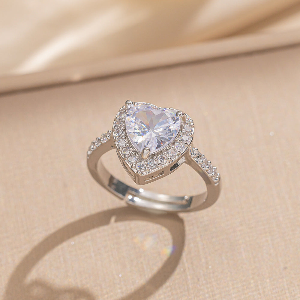 Luxury Minimalist Adjustable Open Ring for Women with Gold-Plated Copper Band and Zircon Stone Accent in Heart and Floral Shape