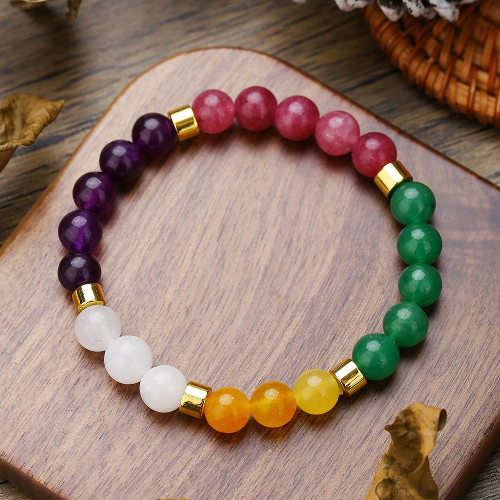 Casual Round Floral Gemstone Beaded Bracelet for Men and Women