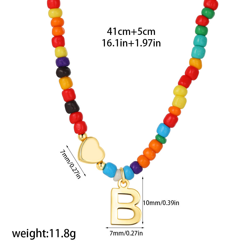 Collana Unisex Casual Placcata Oro 14K con Ciondolo a Cuore Lettera e Perline in Acciaio Inossidabile