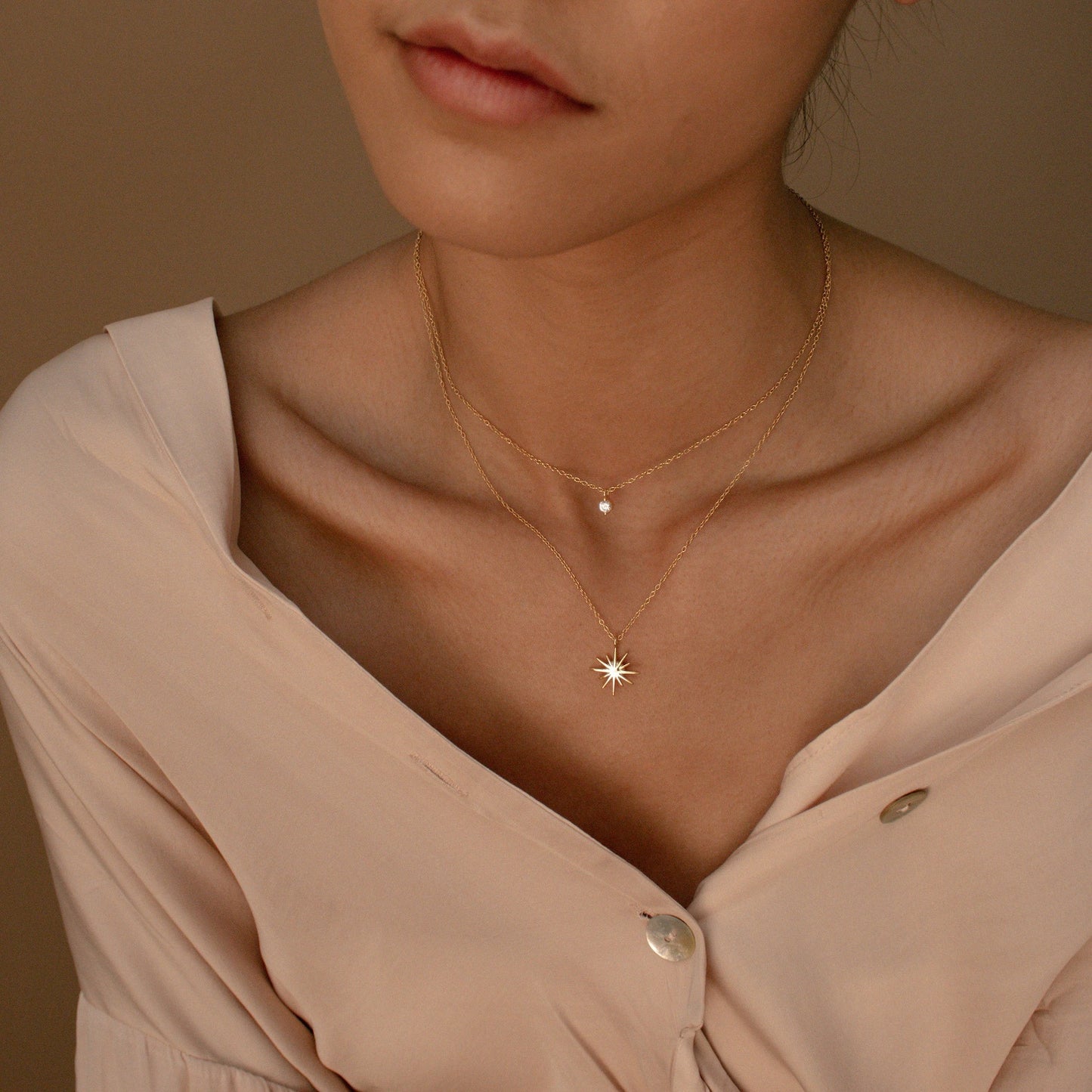 Minimalist Double Layer Star Zircon Necklace Women Copper 18K Gold Plated