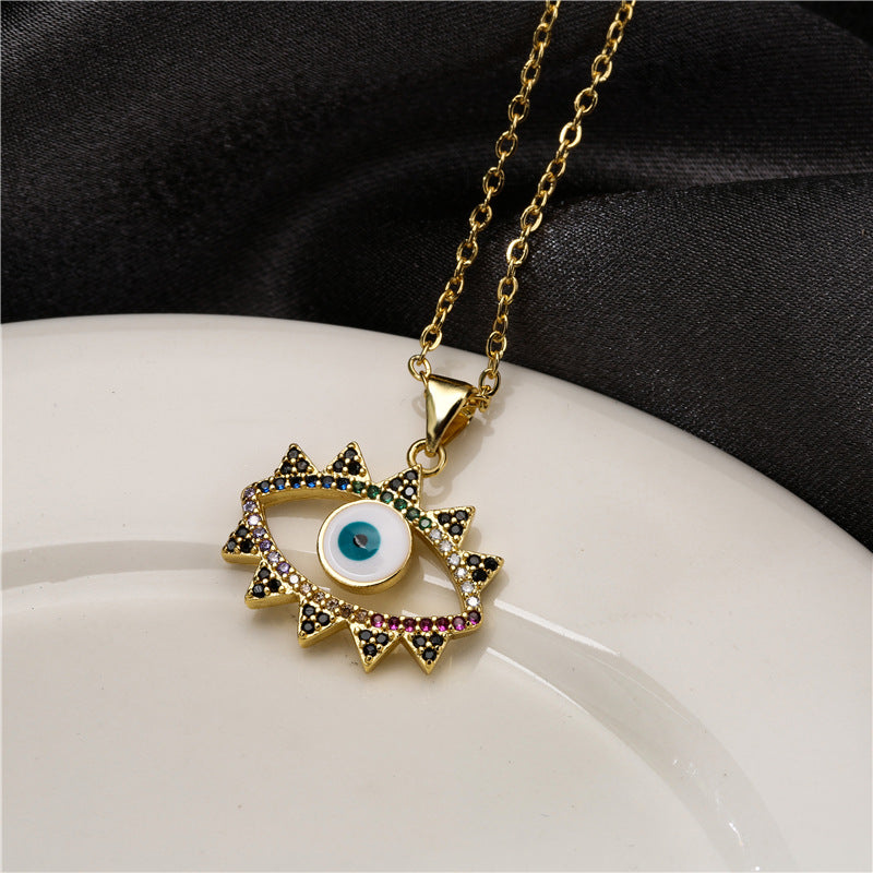 Geometric Brass Evil Eye Pendant Necklace with Micro-Inlaid Cubic Zirconia for Women