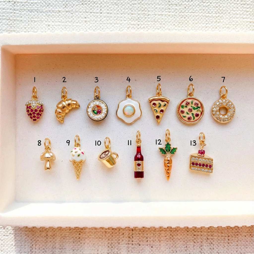 Vintage 14K Gold Plated Brass Drip Oil Pizza Charm Bar with Cubic Zirconia