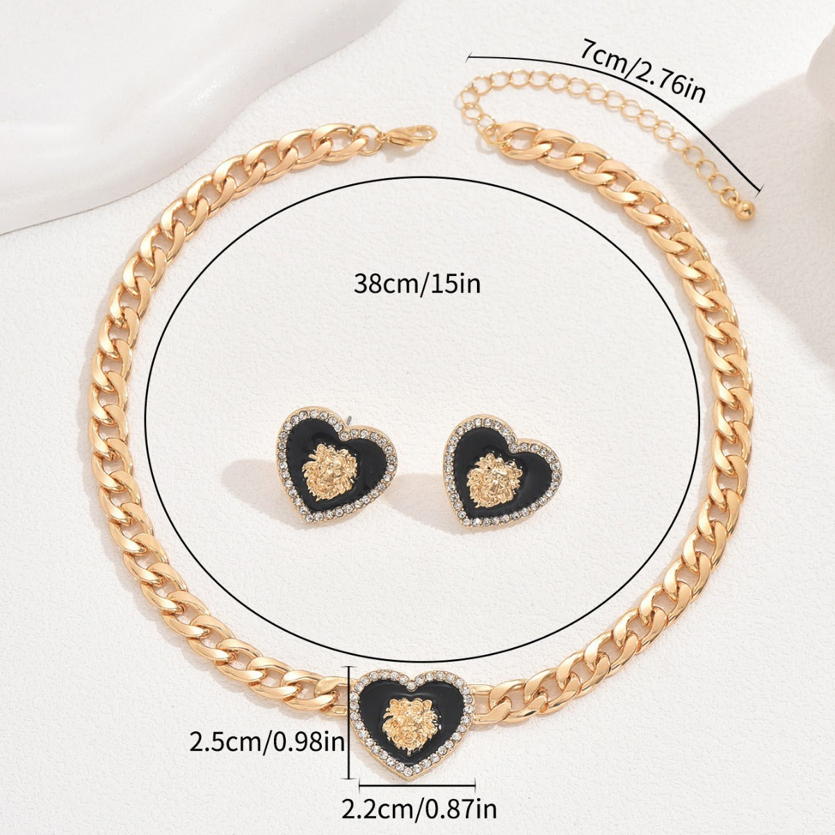 Set di collana e orecchini da donna in lega con zirconia cubica a forma di cuore, di tendenza