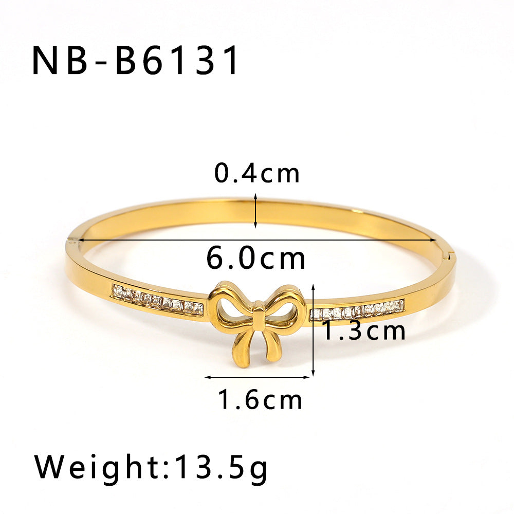 Asymmetrical Bow-Shaped Stainless Steel Bracelet for Women with Zircon Inlay and 18K Gold Plating