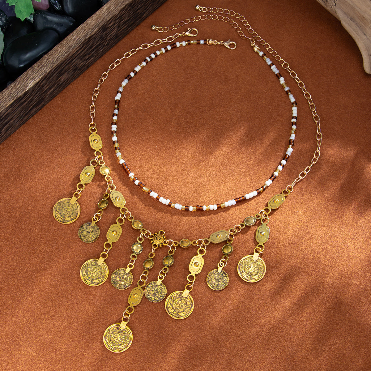 Bohemian Vintage Geometric Round Coin Pendant Plated Alloy Necklace with Beaded Rope Chain Unisex