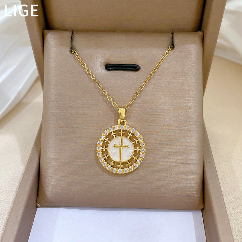 Minimalist Round Cross Pendant Necklace for Women Stainless Steel Snake Chain with Rhinestone Inlay