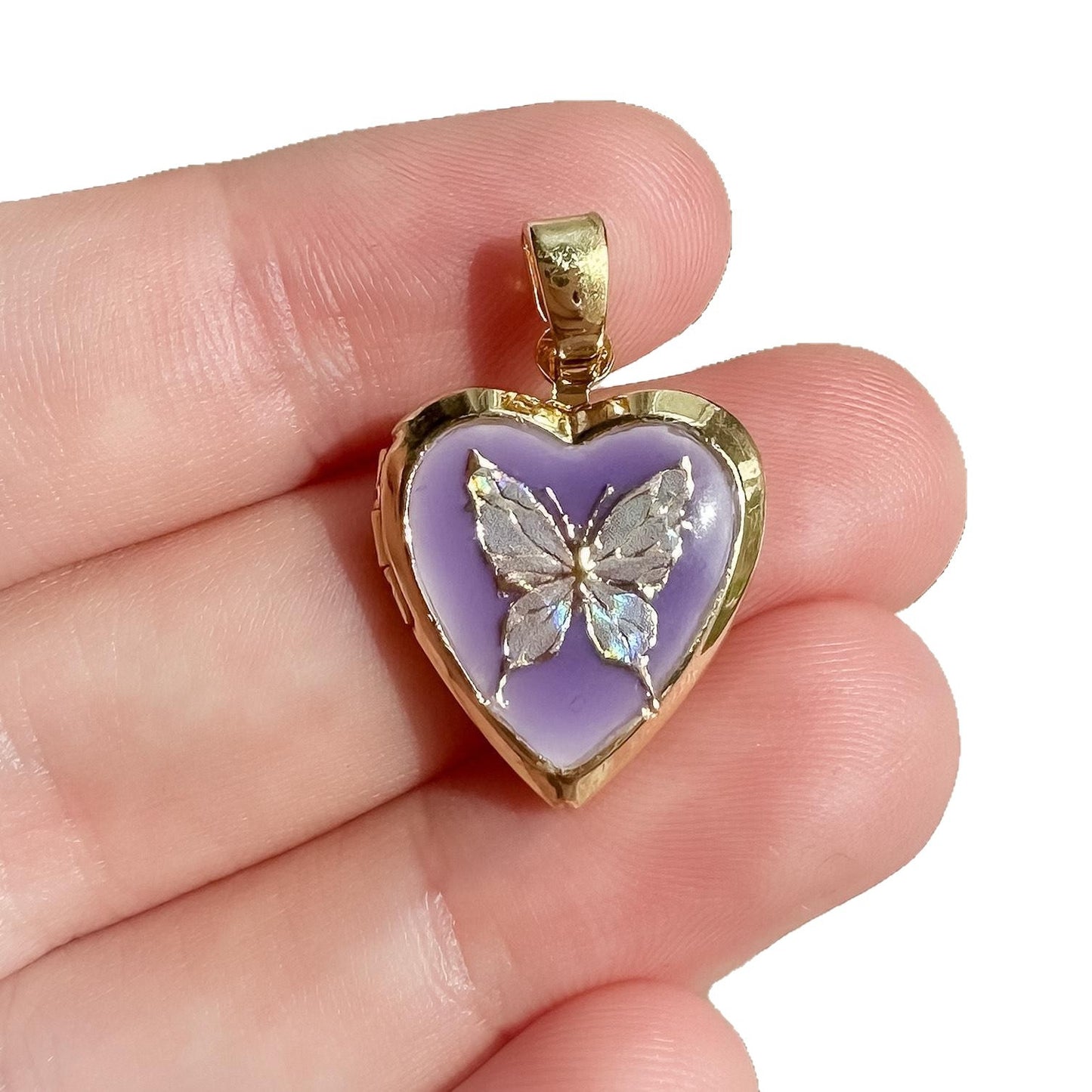 Colgante con dije de barra de aceite por goteo de mariposa y corazón de latón chapado en oro de 18 quilates vintage