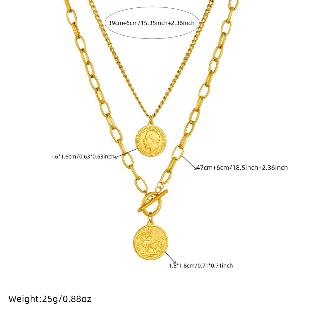 Collana con ciondolo tondo doppio lato con ritratto vintage in acciaio inossidabile placcato oro, catena a serpente da donna
