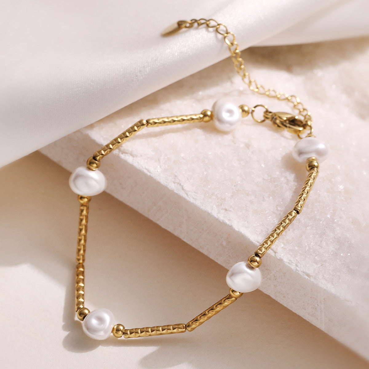 Minimalist Luxe Bamboo Joint Pearl Bracelet for Women Stainless Steel with 18K Gold Plating