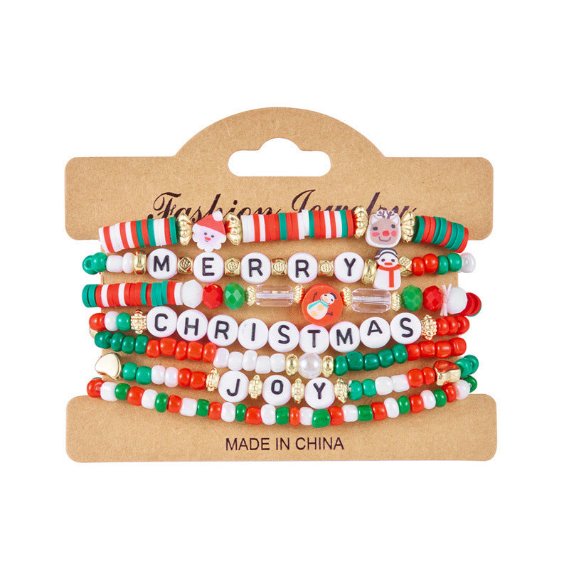 Handmade Polymer Clay Christmas Bracelet Set with Alphabet and Tree Beads Alloy Chain for Women Festive Holiday Gift