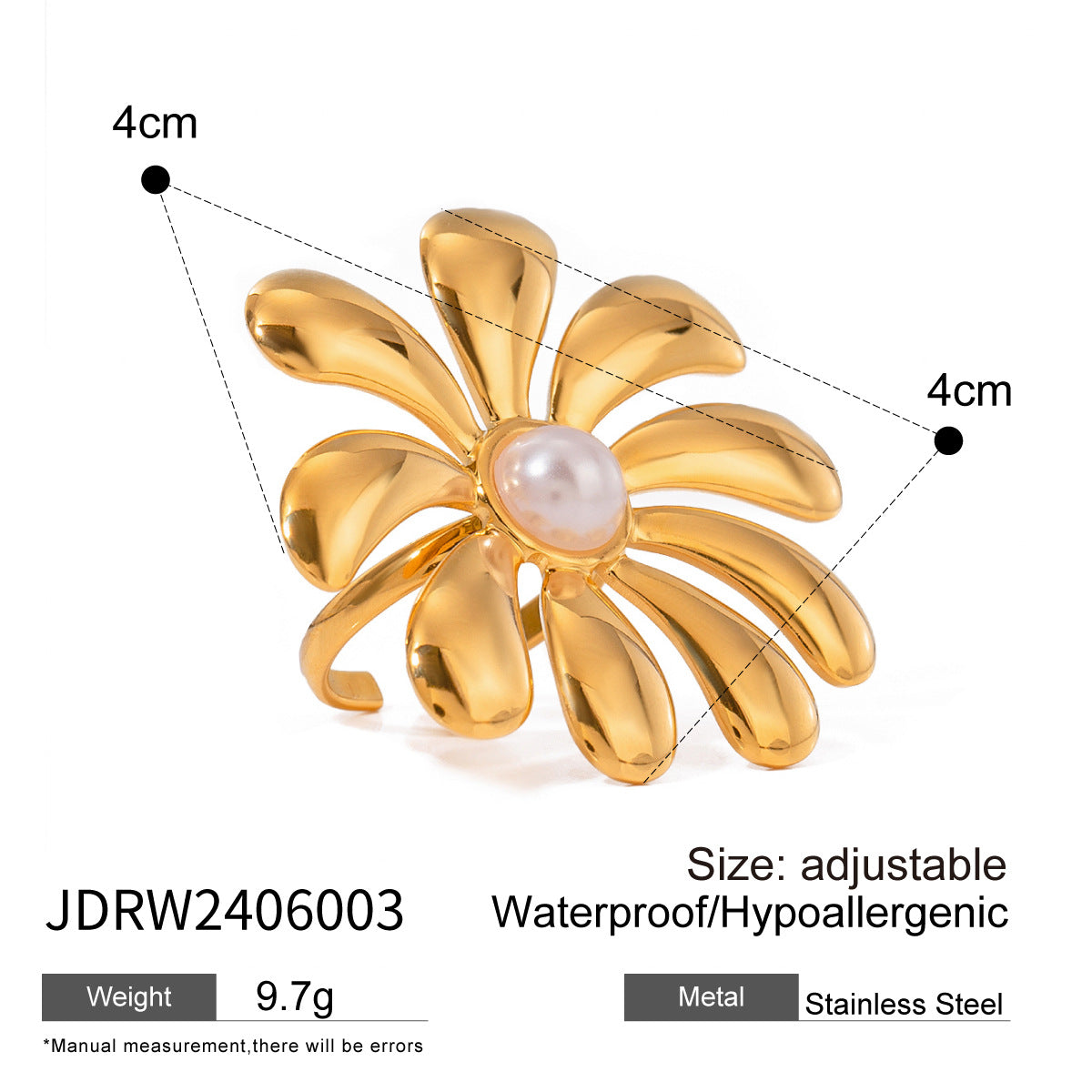 Elegante Anillo de Flor Chapado en Acero Inoxidable con Incrustaciones de Perlas para Mujer