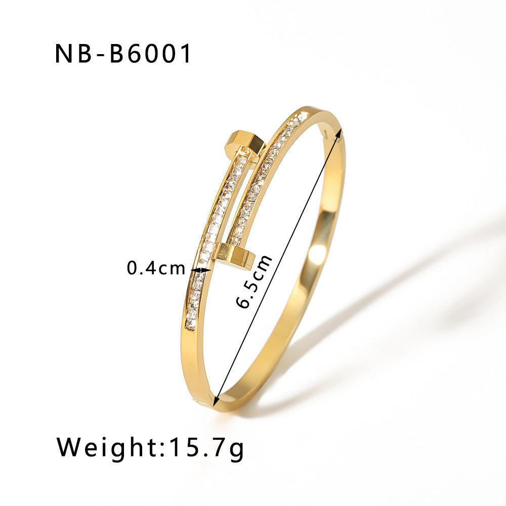 Asymmetrical Titanium Steel Bracelet with 18K Gold Plating and Zircon Inlay, Open-Disc Design for Women