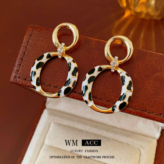Vintage-Style Geometric Round Hoop Earrings for Women with Alloy Base Plated in Silver Tone Enamel Leopard Print and Rhinestone Inlay
