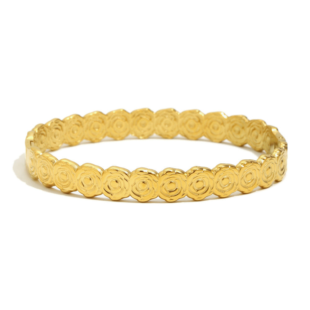 Bracciale rigido floreale da donna, placcato oro 18 carati, in acciaio inossidabile, minimalista ed elegante
