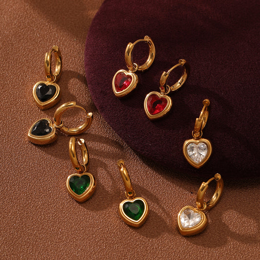 Pendientes de corazón chapados en oro de 18 quilates de acero inoxidable con diamantes de imitación coloridos para mujer