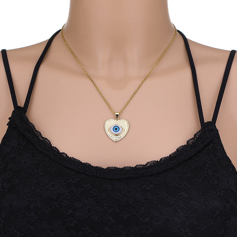 Collar con colgante de ojo turco geométrico vintage para mujer, chapado en cobre con oro real, cadena de serpiente, cadena de suéter ajustable