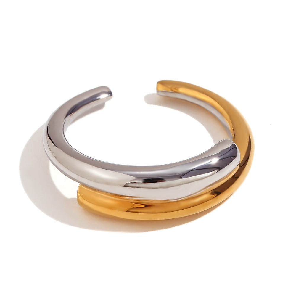 Bracciale rigido aperto da donna in acciaio inossidabile placcato oro 18 carati a doppio strato geometrico minimalista intrecciato