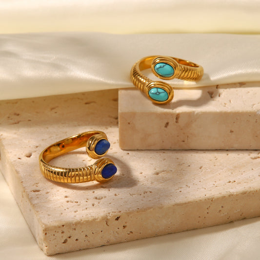 Minimalist Geometric Stainless Steel Ring with 18K Gold Plating and Lapis Lazuli Inlay Snake Design