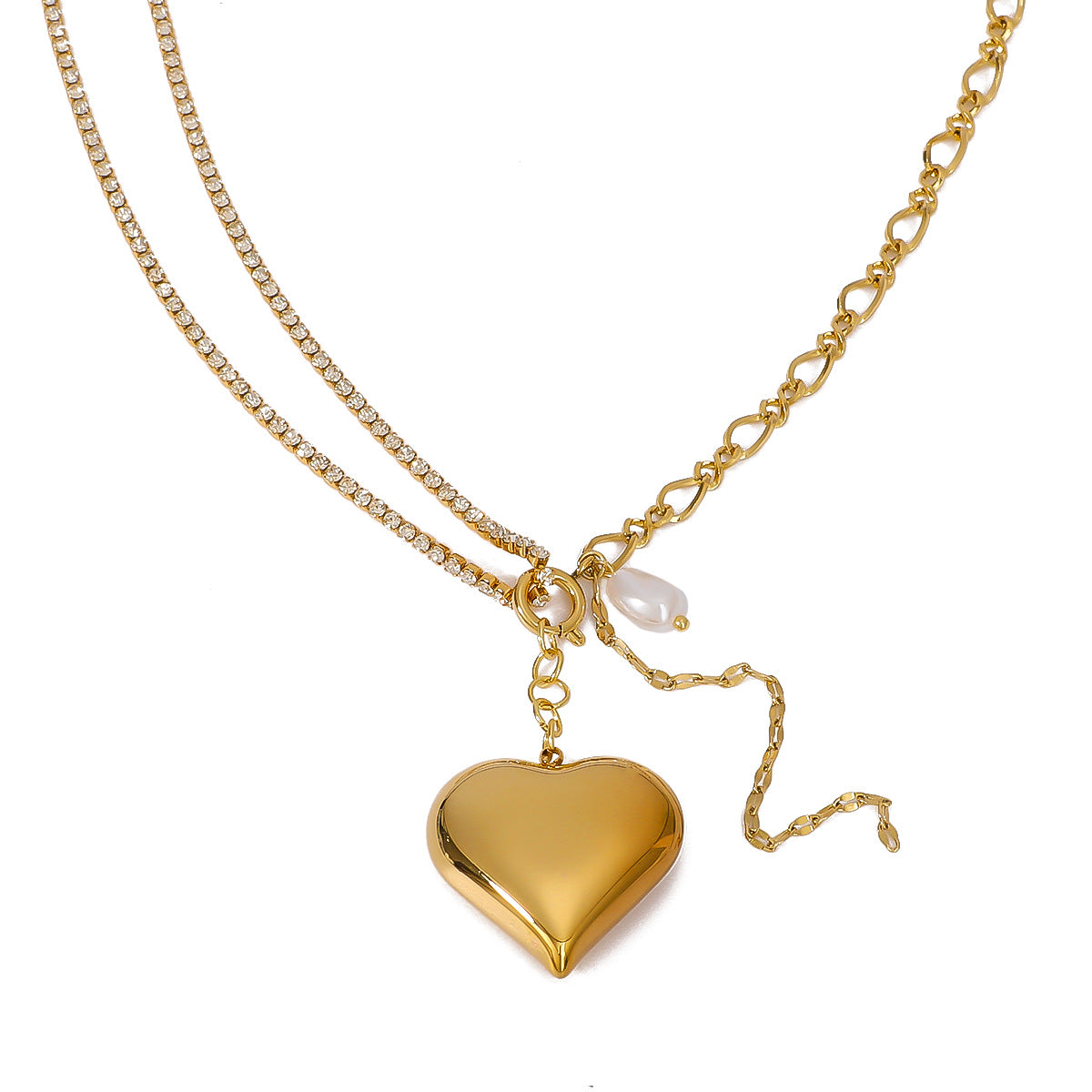 Ins Style Heart Shaped Stainless Steel Pendant Necklace with 18K Gold Plating and Pearl Inlay for Women