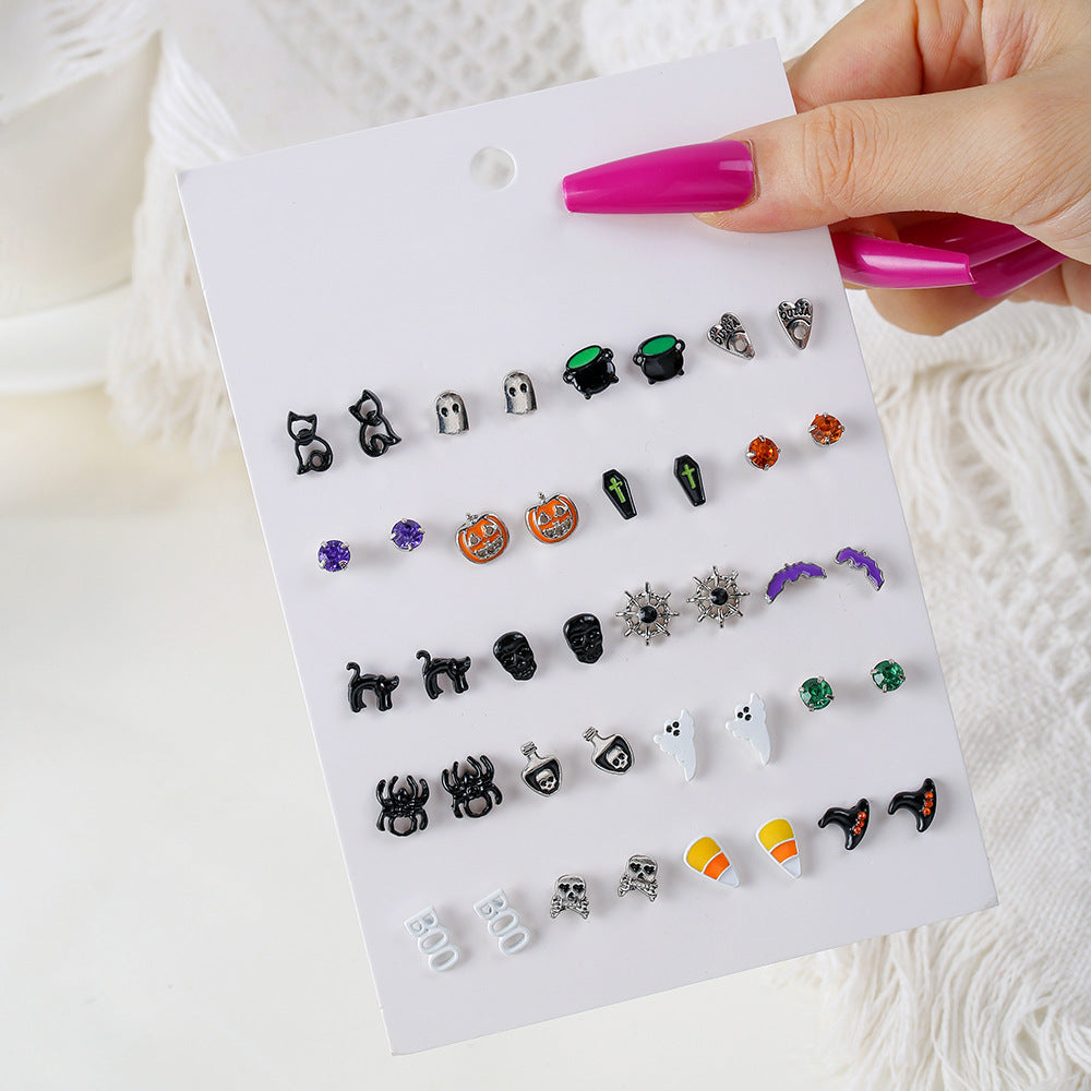 Cartoon Animal Alloy Plated Earrings for Women Halloween Pumpkin Ghost Cat Spider Eye Design