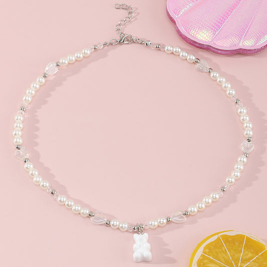 Cute Bear and Heart-Shaped Resin Pendant Necklace for Girls with Pearl Chain Adjustable Length