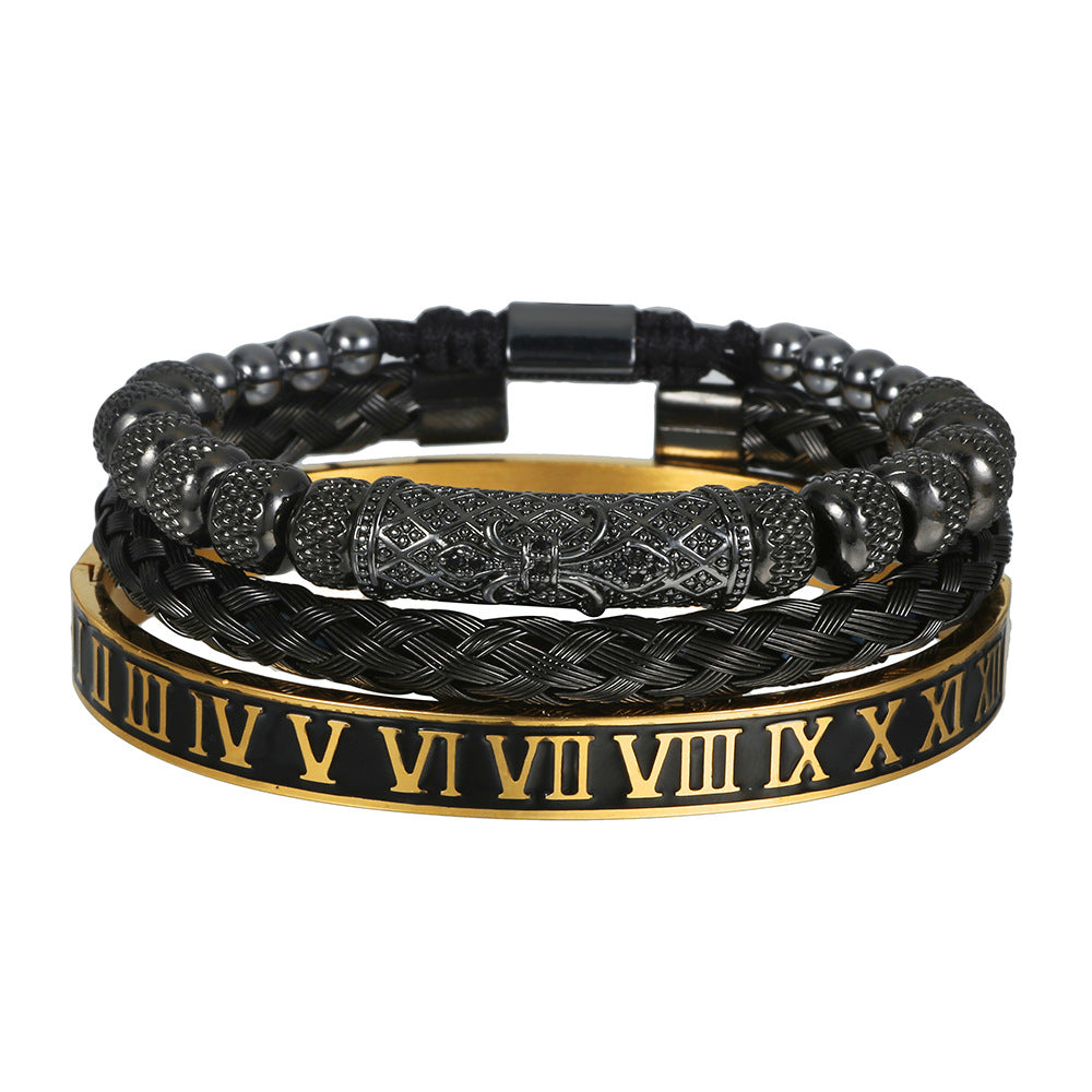 Vintage Geometric Letter Woven Stainless Steel Bracelet with Cubic Zirconia and Drip Oil