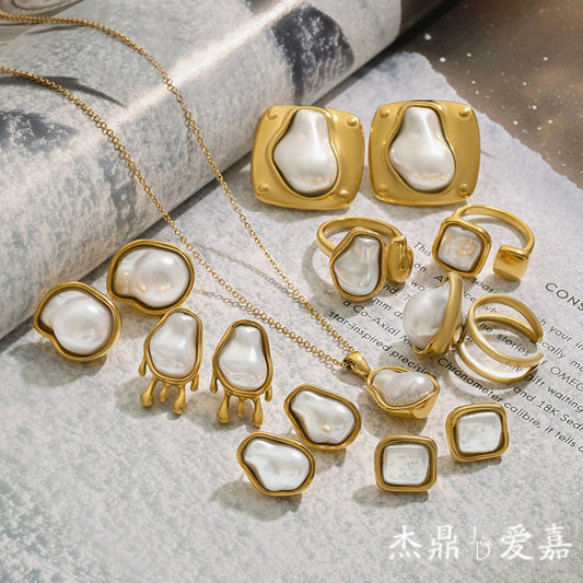 Elegant Pearl Inlay Plated Stainless Steel and Titanium Steel Jewelry Set for Women