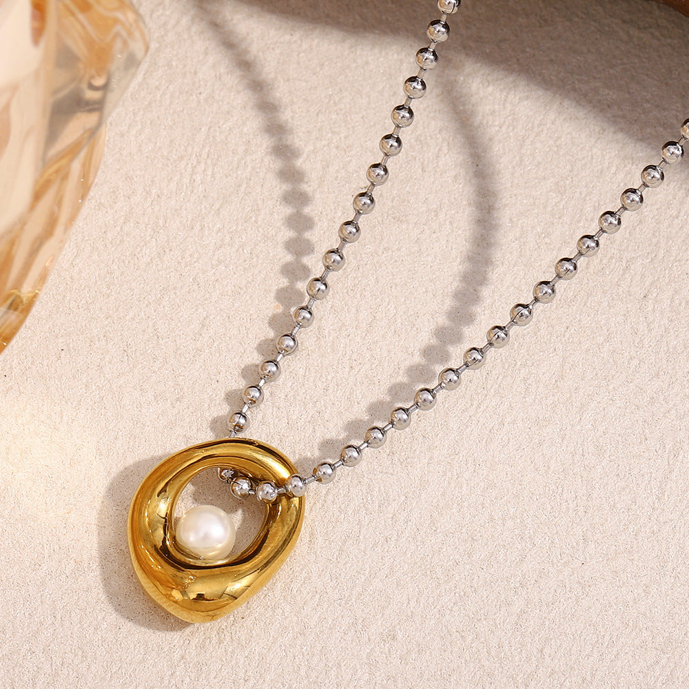 Minimalist Geometric U-Shaped Pendant Necklace for Women Stainless Steel with 18K Gold Plating Round Bead Chain