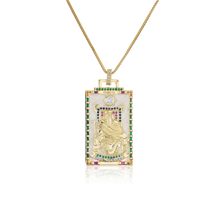 Minimalist Geometric Tarot Pendant Necklace in Copper with 18K Gold Plating and Zircon Inlay for Women