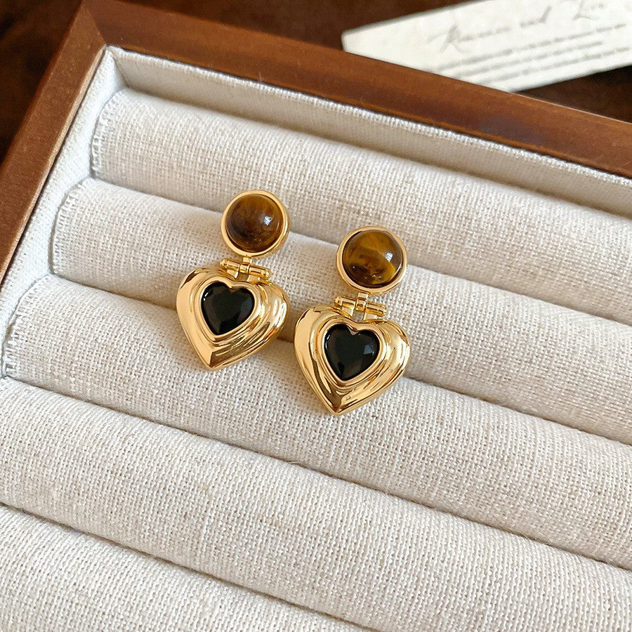 Pendientes de tuerca geométricos de ojo de tigre chapados en bronce mate para mujer, joyería de lujo minimalista artística vintage