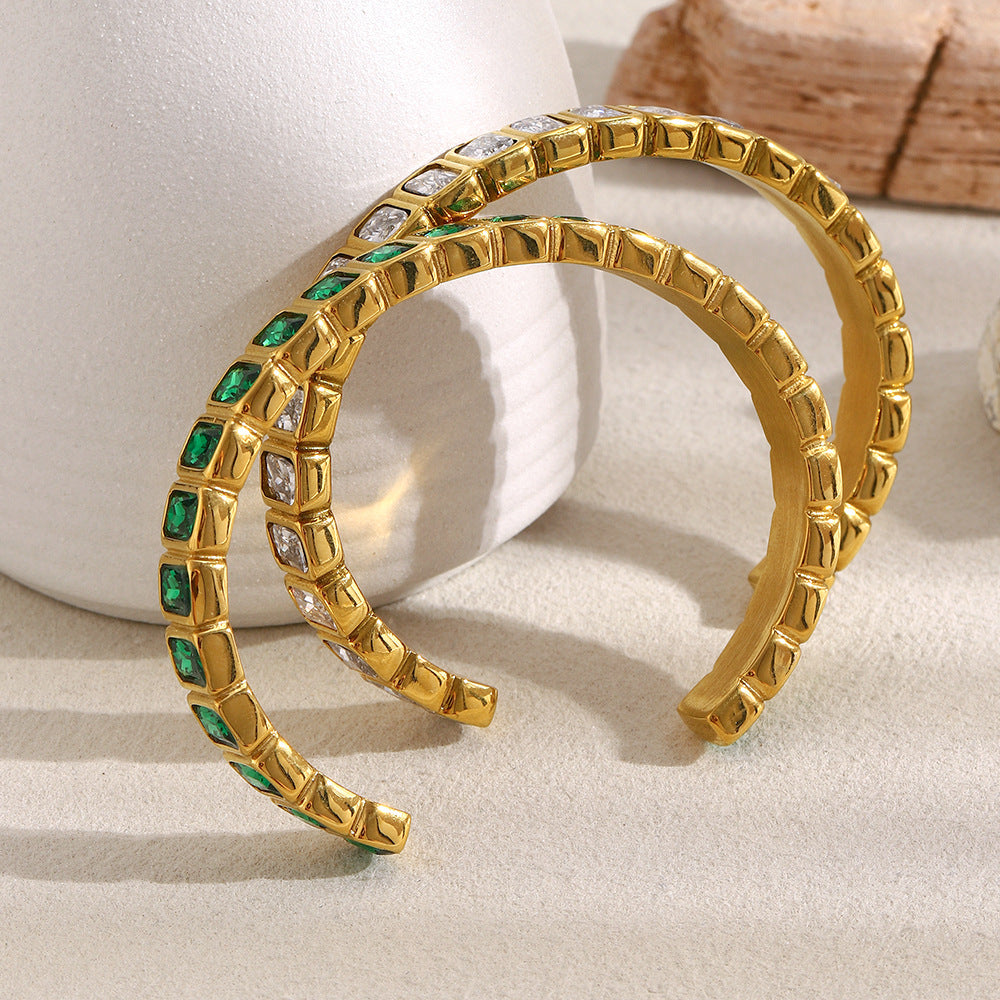 Minimalist Geometric Stainless Steel Bracelet with 18K Gold Plating and Full Zirconia Inlay for Women