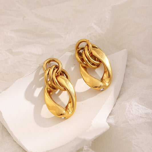 Minimalist Geometric Stainless Steel Earrings with 18K Gold Plating and Rhinestone Accents for Women