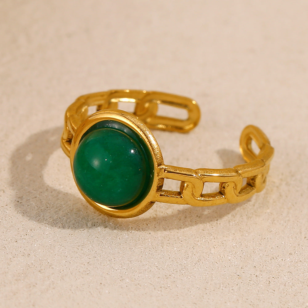 Vintage Geometric Stainless Steel Plated 18K Gold Green Gemstone Open Ring for Women