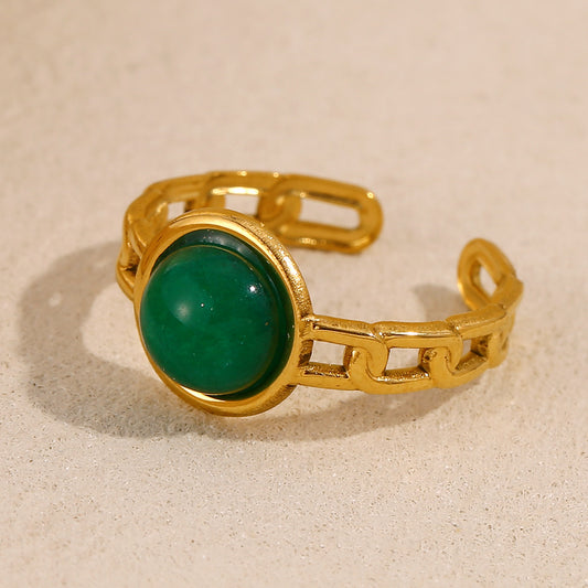 Vintage Geometric Stainless Steel Plated 18K Gold Green Gemstone Open Ring for Women