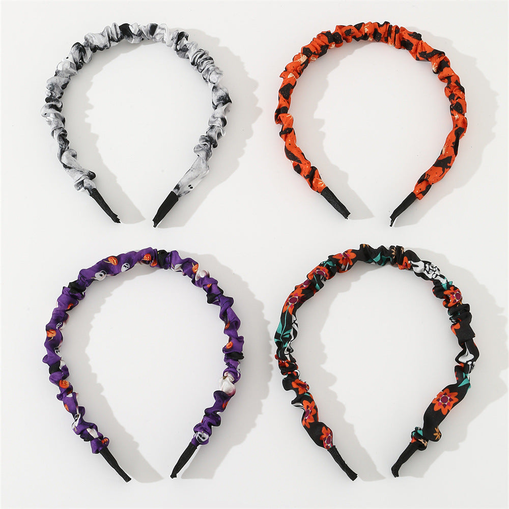 Set di elastici per capelli a tema Halloween per bambini con motivo gatto nero e zucca, design floreale in cotone