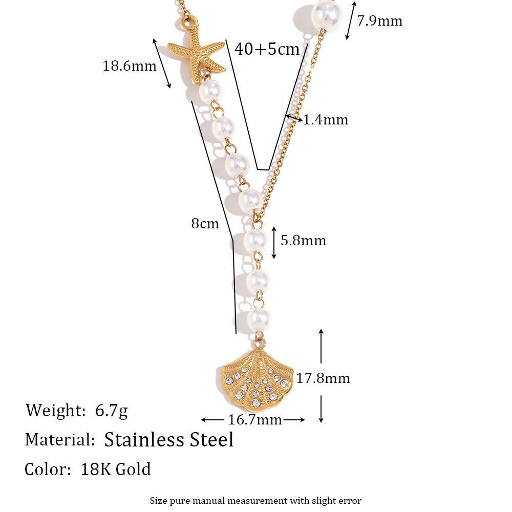 Vintage Fashion Asymmetrical Seashell Pendant Necklace for Women Stainless Steel with 18K Gold Plating and Micro-Pavé Rhinestone Accents