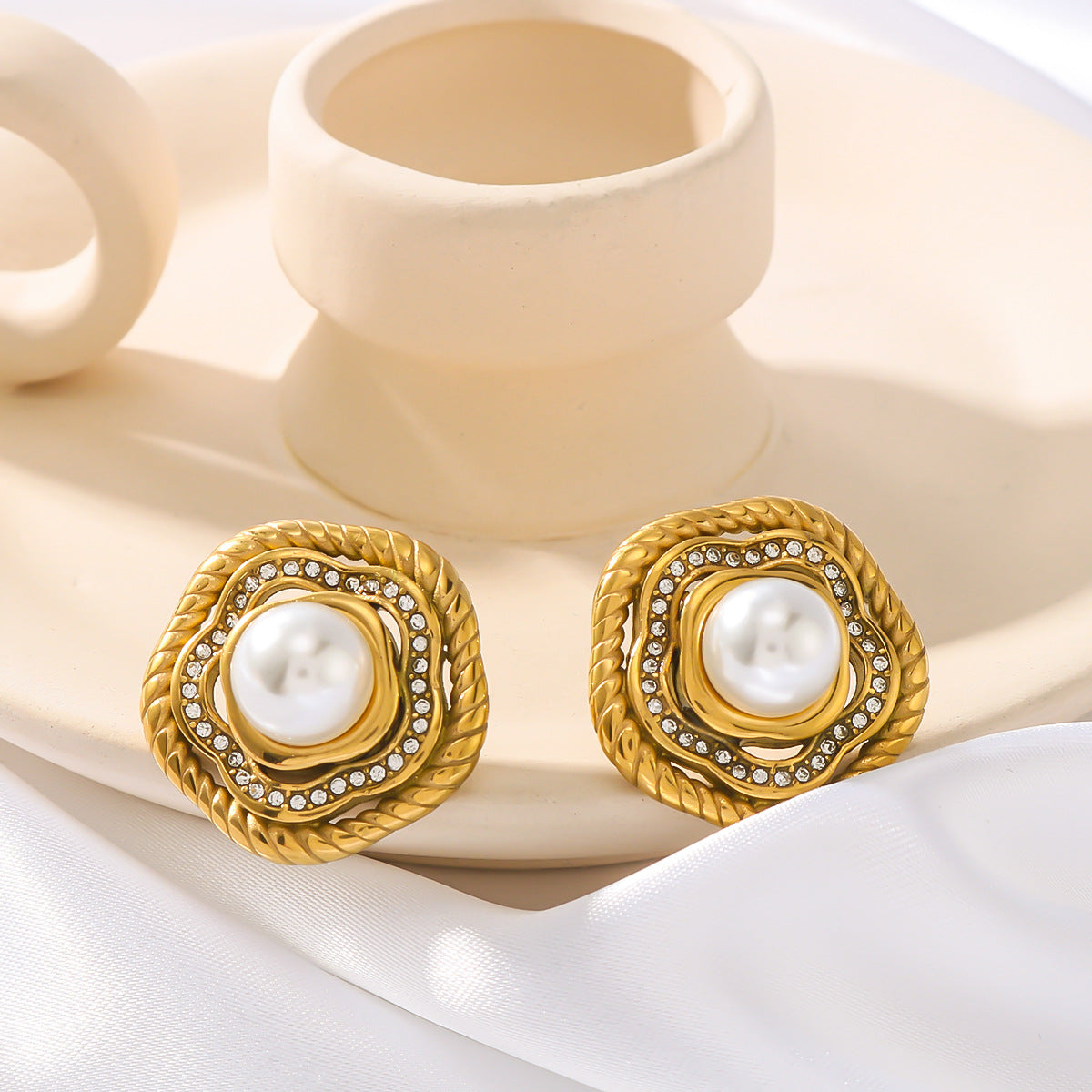 Vintage French Palace Style Geometric Earrings with Pearl and Zircon Inlay Stainless Steel Plated in 18K Gold for Women