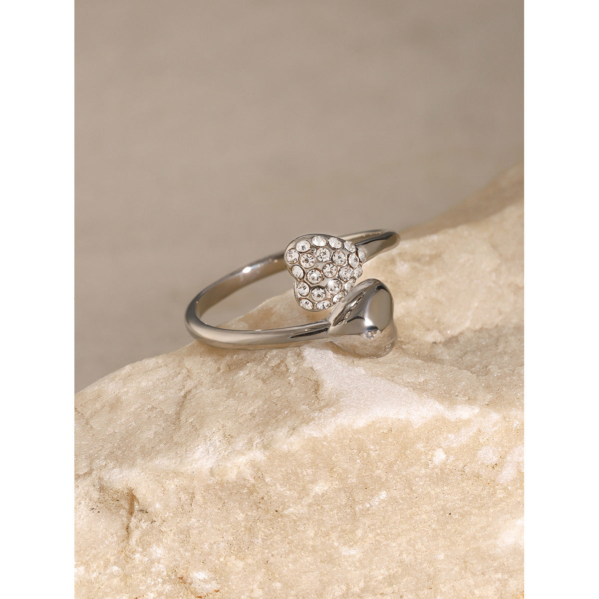 Minimalist 18K Gold Plated Heart Stainless Steel Ring with Rhinestone Open Design for Women