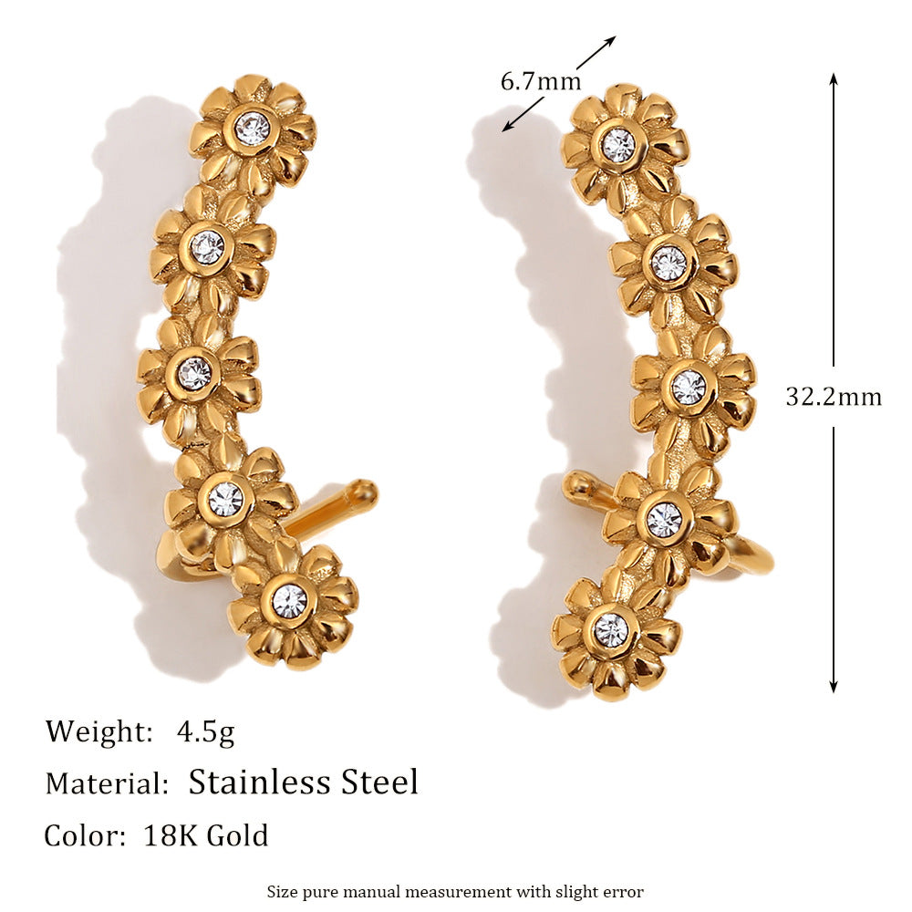 Vintage Floral Stainless Steel Ear Cuffs with 18K Gold Plating and Cubic Zirconia for Women