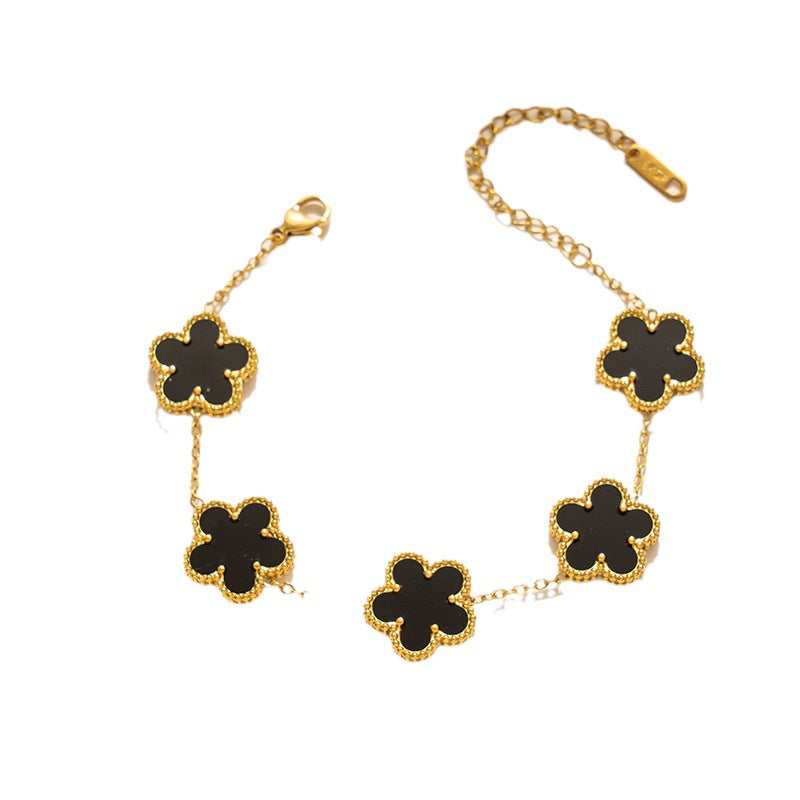 Sweet Fresh Floral Style Double-Sided Plum Blossom Bracelet for Women Made of Titanium Steel with Electroplating Finish