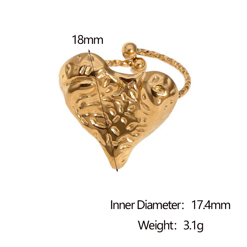 Minimalist Hammered Textured Heart Shaped 18K Gold Plated Stainless Steel Open Ring for Women
