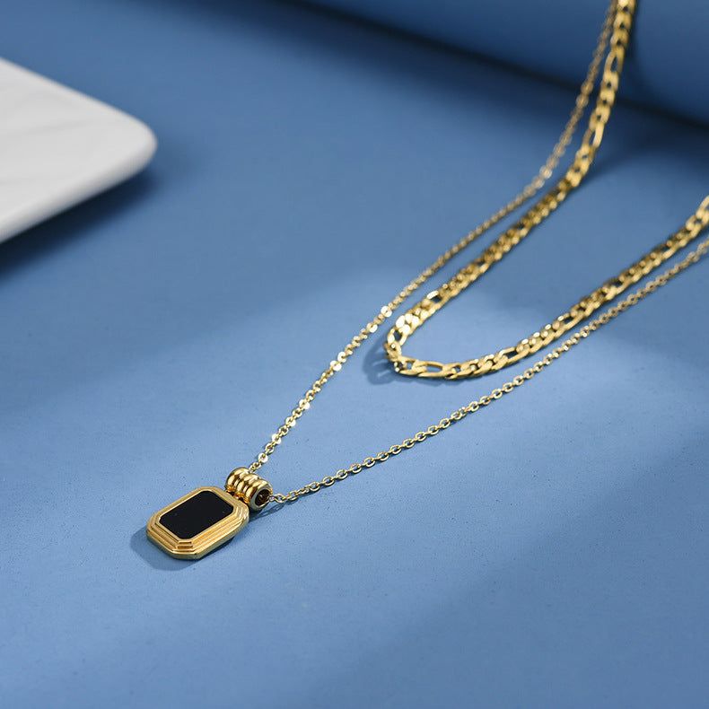 Minimalist Geometric Black Square Titanium Steel Necklace for Women and Men, Hypoallergenic Plated Locket Chain